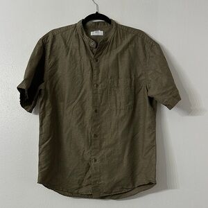 Uniqlo Shirt Mens Olive Green Linen Cotton Band Collar Short Sleeve Casual